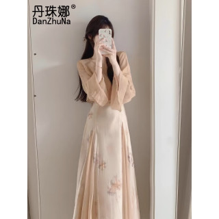 丹珠娜 新中式连衣裙女装春季国风汉服女气质法式温柔吊带长裙子夏季 开衫+吊带连衣裙 L
