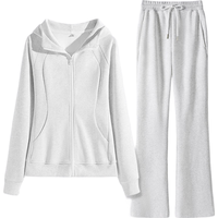 MJ STYLE2025春季休闲慵懒套装连帽修身开衫高腰阔腿裤长裤搭配两件装 浅花灰纯色/浅花灰纯色 XL