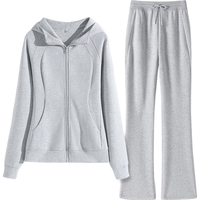 MJ STYLE2025春季休闲慵懒套装连帽修身开衫高腰阔腿裤长裤搭配两件装 麻灰纯色/麻灰纯色