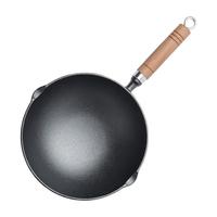 小幸福鑄鐵小幸福铸铁木柄加深圆底小炒锅炒菜锅家用多功能无涂层不粘锅 木柄23cm圆底炒锅+玻璃盖