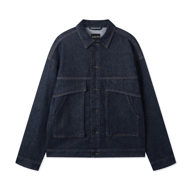 gxgjeans 美式明线设计翻领宽松牛仔夹克 深蓝色