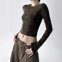 木昱子 豹纹长袖圆领短款女士T恤
