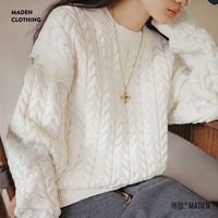 马登 MADEN可拆卸绞花毛衣复古奶油白慵懒麻花毛衣圆领针织衫背心冬季女