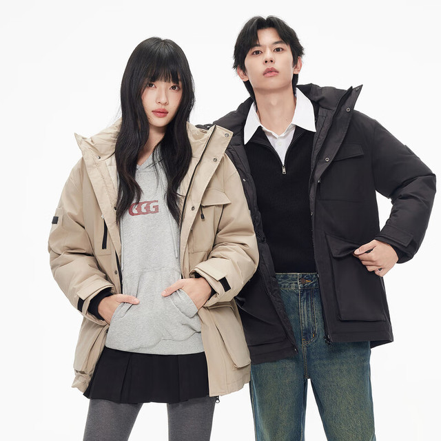 今日必买、年货大集：gxgjeans 【男女同款】90%绒工装派克连帽羽绒服 两色可选 J24DY24005