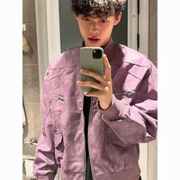 紫色底特律工装棒球服夹克男女秋冬季PU皮夹棉加厚机车服