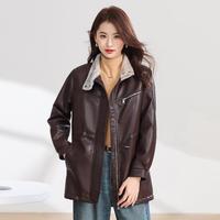 Sanpowa 秋冬中长款加绒皮衣外套女士保暖舒适减龄百搭上衣防风PU皮夹克