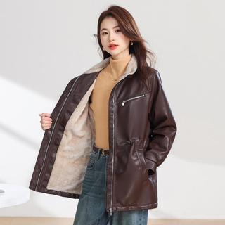 Sanpowa 秋冬中长款加绒皮衣外套女士保暖舒适减龄百搭上衣防风PU皮夹克
