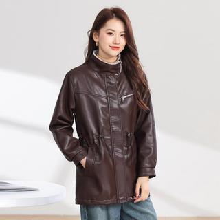 Sanpowa 秋冬中长款加绒皮衣外套女士保暖舒适减龄百搭上衣防风PU皮夹克