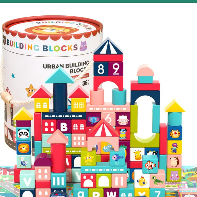 小顽豆 0249 木制积木（100粒城市动物数字字母桶装+底板+收纳袋）