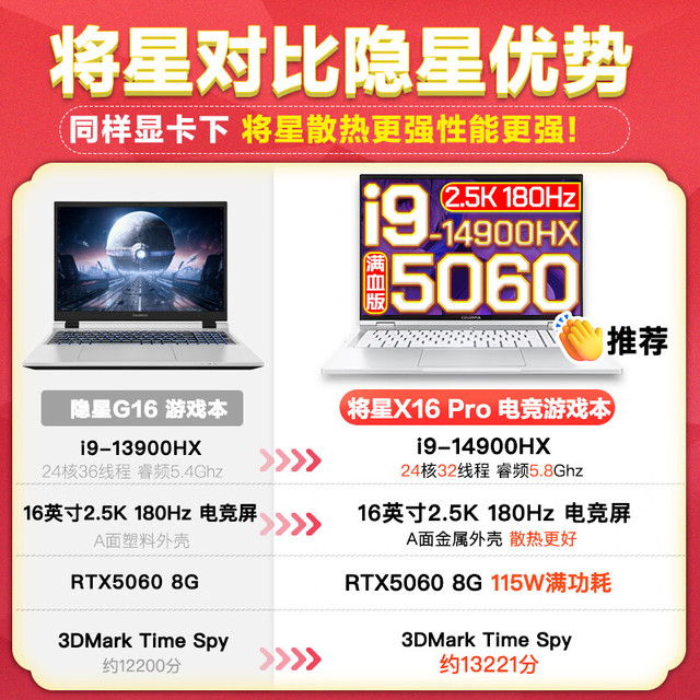 七彩虹 将星X16 PRO i9-14900HX RTX5060 180Hz 16G内存 1TB固态