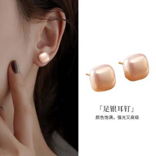 老银坊 999纯银小方糖珍珠耳钉安可拉红耳环轻奢高级感气质方形红色耳饰