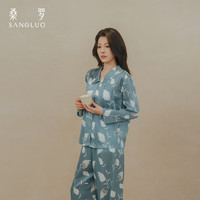 情人节好礼：桑罗 绒羽系列 【6A真丝】蓝底羽毛印花真丝桑蚕丝可外穿家居服  25AWY088