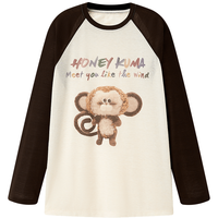 乐町Honey Kuma联名2024夏季小猴子玩偶印花插肩长袖T恤 棕色 S
