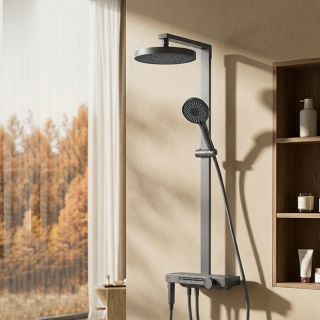 今日必买：京东京造 白月光Pro淋浴花洒套装 琴键大置物台方管59A精铜 4合1套装枪灰色