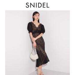 SNIDEL 春夏气质优雅V领蕾丝泡泡袖收腰连衣裙SWFO241301