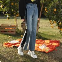 卓雅周末 秋季通勤复古高腰拼接喇叭水洗休闲牛仔裤女长裤