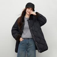 朗文斯汀 2025冬季菱形压褶鹅绒服简约通勤翻领黑色羽绒服外套