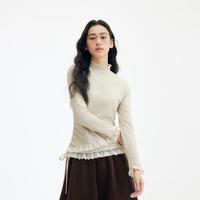 飞鸟和新酒 2025冬季新款木耳边半高领蕾丝拼接款长袖T恤上衣打底衫女