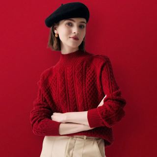 帕罗 100%山羊绒 加厚高品质 半高领绞花羊绒衫ET20067R 新年红
