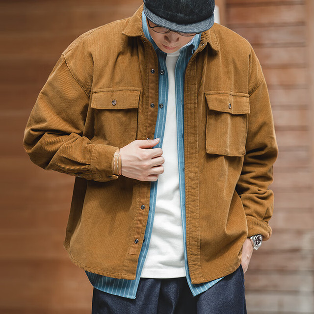 马登 工装美式复古宽松夹克灯芯绒翻领古着痞帅外穿口袋薄衬衫男秋 琥珀色