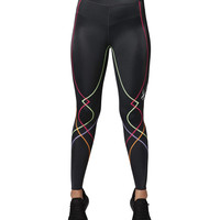 CW-X 女士高腰压缩紧身裤 关节支撑运动裤 背部手机口袋 跑步健身弹力 黑色/彩虹色 X-Small