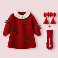  BORBOON/波步 喜庆拜年 女童连衣裙 樱桃裙+红发夹+红裤袜