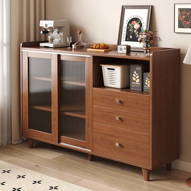 柯诺苏 实木日式餐边柜靠墙一体客厅茶水柜厨房置物柜收纳柜子斗柜储物柜 荐丨移门胡桃色100*34*97cm