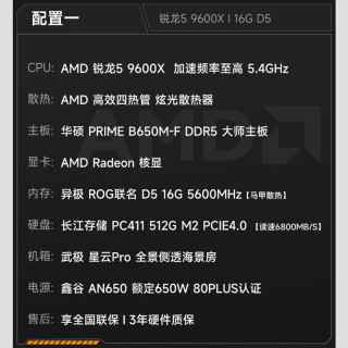 今日必买：AMD 高性能 电竞游戏台式组装电脑主机 9600X+16G+512G丨