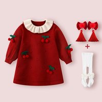  BORBOON/波步 喜庆拜年 女童毛衣连衣裙 樱桃裙+红发夹+白裤袜