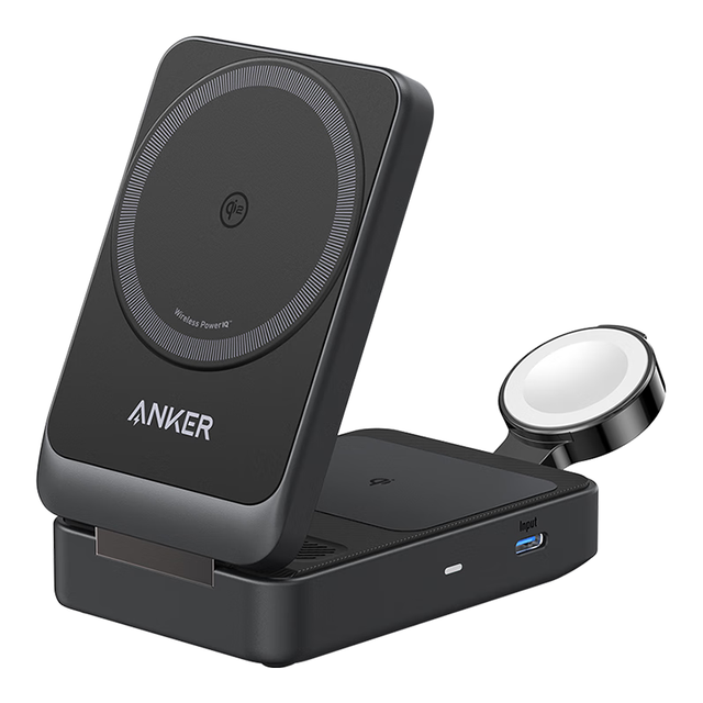 Anker MagGo无线充电器三合一15W磁吸适用iPhone17promax苹果16手表耳机apple iwatch折叠 黑