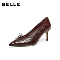  BeLLE/百丽 蝴蝶结设计 女士高跟鞋 深酒红（跟高7CM，牛皮材质） 39 (245mm)