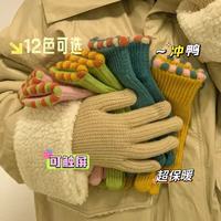 OLOIU 针织手套韩ins保暖可爱冬季女士加绒毛线手套触屏骑车分指 浅紫色小糖豆