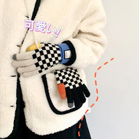 OLOIU 电动车骑行毛线手套女冬季韩系加绒防寒保暖新款可触屏手套 加厚棋盘格手套【黄色】