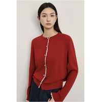 年货大集、PLUS会员：伊芙丽 【本命年穿搭】100%羊毛女士复古蕾丝边拼接针织开衫圆领百搭毛衫 红色