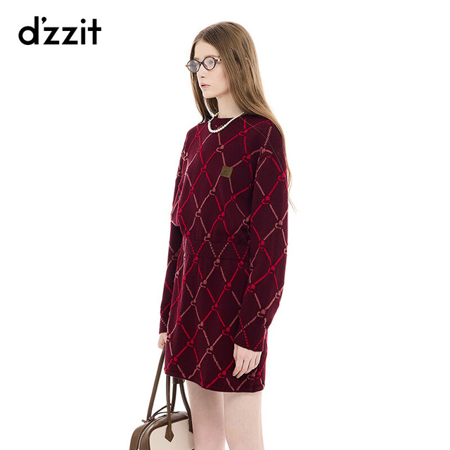 年货大集、PLUS会员：d'zzit 【本命年穿搭】菱格纹样新年复古连衣裙 深红色