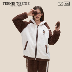 TEENIE WEENIE 小熊刺绣新款睡衣 女款秋冬季加厚连帽保暖家居服套装 学院咖 S