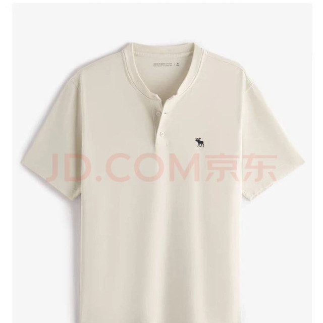 Abercrombie & Fitch 经典小麋鹿图案男装25夏季美式重磅宽松亨利领短袖T恤 奶油色