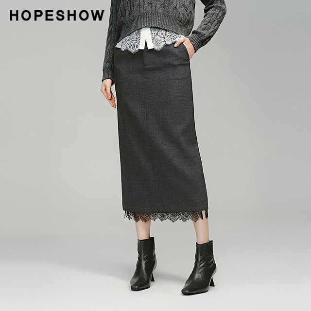 红袖 冬季2024新款女装 蕾丝拼接开叉直筒半身裙89224381504