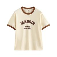 茵曼（INMAN）简约字母圆领短袖T恤女2024年夏季时尚撞色上衣 杏色 XL