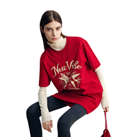  MO&Co./摩安珂 双层植绒印花 女士短袖T恤 深红色 L /170