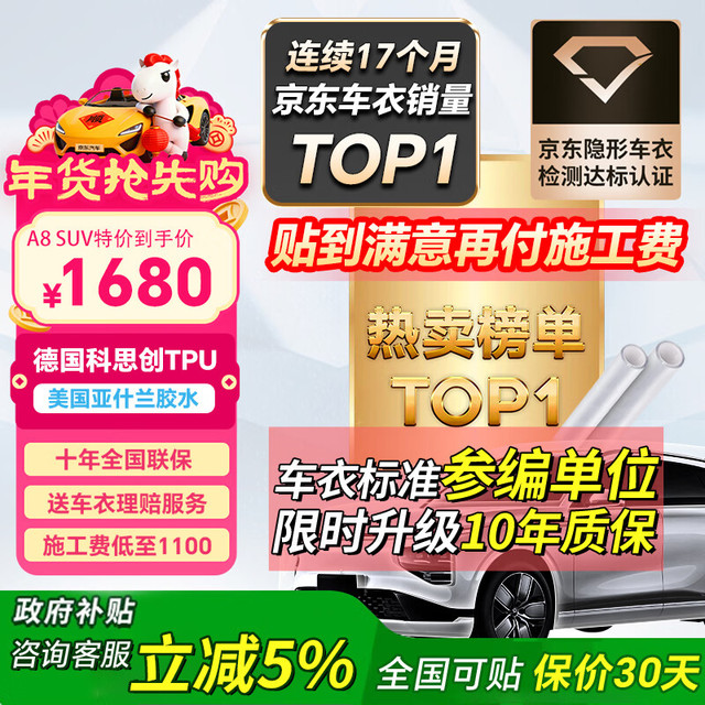 PLUS会员：安天下 隐形车衣 全车身贴膜 TPU材质 特斯拉su7问界车衣