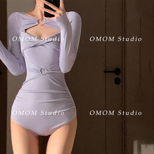 OMOM 紫色纯欲风显白修身长袖三角连体泳衣女 紫色 XL
