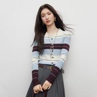 朗文斯汀 2026春季新款法式优雅翻领显瘦撞色条纹针织开衫