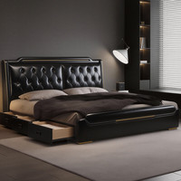 新越昌晖 简内床1.8米x2米主卧双人大床黑色真皮床轻奢意式高端大气头层牛皮床 1500mm*2000mm