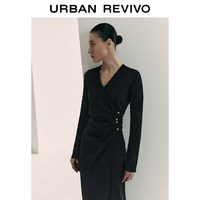  URBAN REVIVO V领褶皱金属扣饰 女士连衣裙