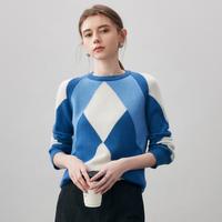 限尺码：科蒙博卡 科蒙 100%绵羊毛衫女秋冬宽松毛衣格子针织打底衫