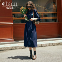 OLRAIN 普鲁士蓝牛仔连衣裙女早秋收腰刺绣减龄裙子 牛仔蓝 L