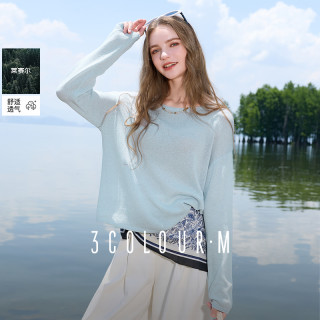 三彩 女士针织衫 2025夏秋款 圆领镂空宽松套头上衣