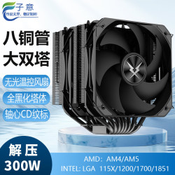 子意 RUIX大双塔8铜管CPU散热器风冷黑色无光版CD纹标（黑化塔体/支持英特尔/AMD多平台/配硅脂）