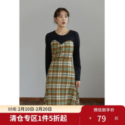 独束 小森林格纹系列 女士拼接连衣裙 黑拼格纹长款